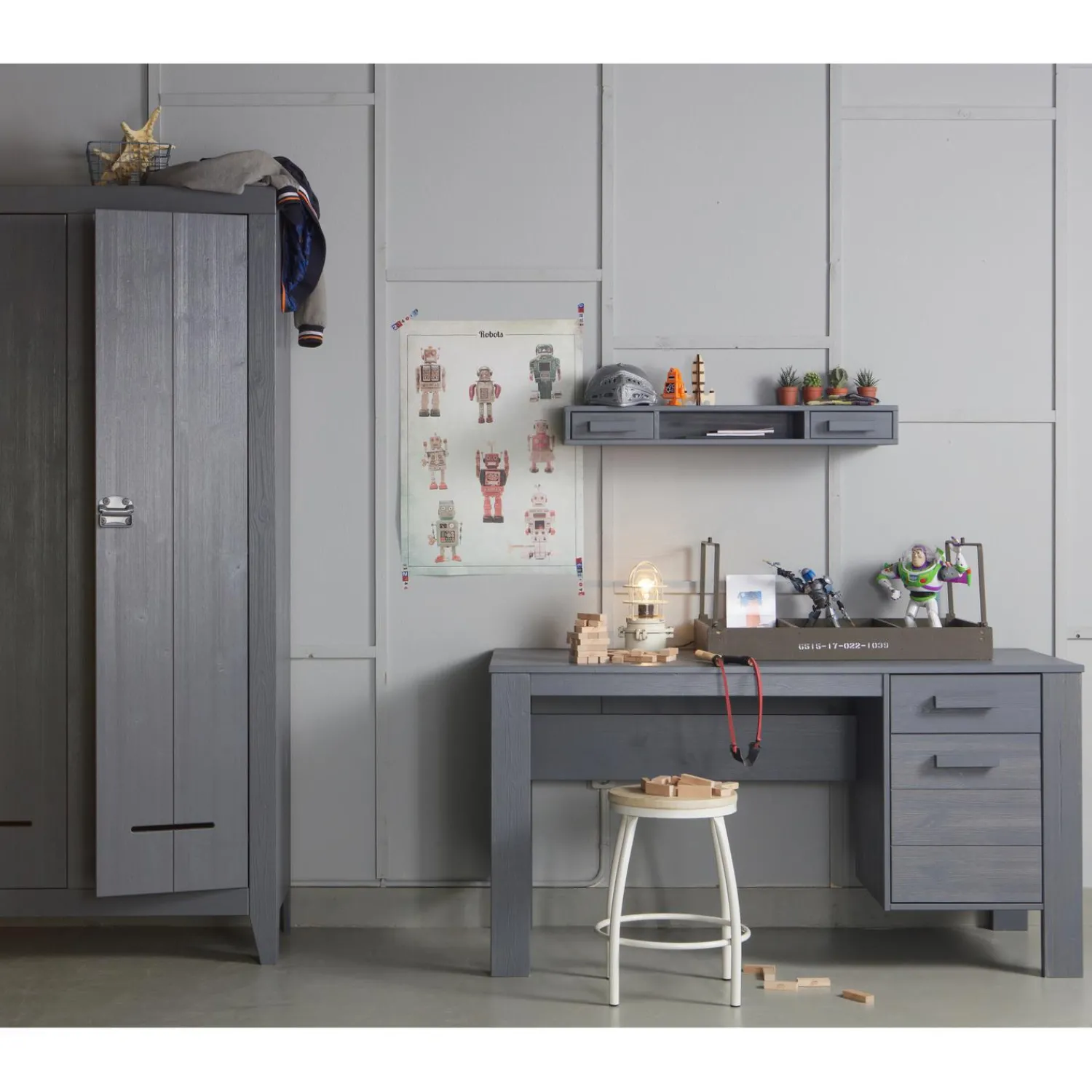 WOOOD Dennis bureau grenen steel grey geborsteld Staalgrijs