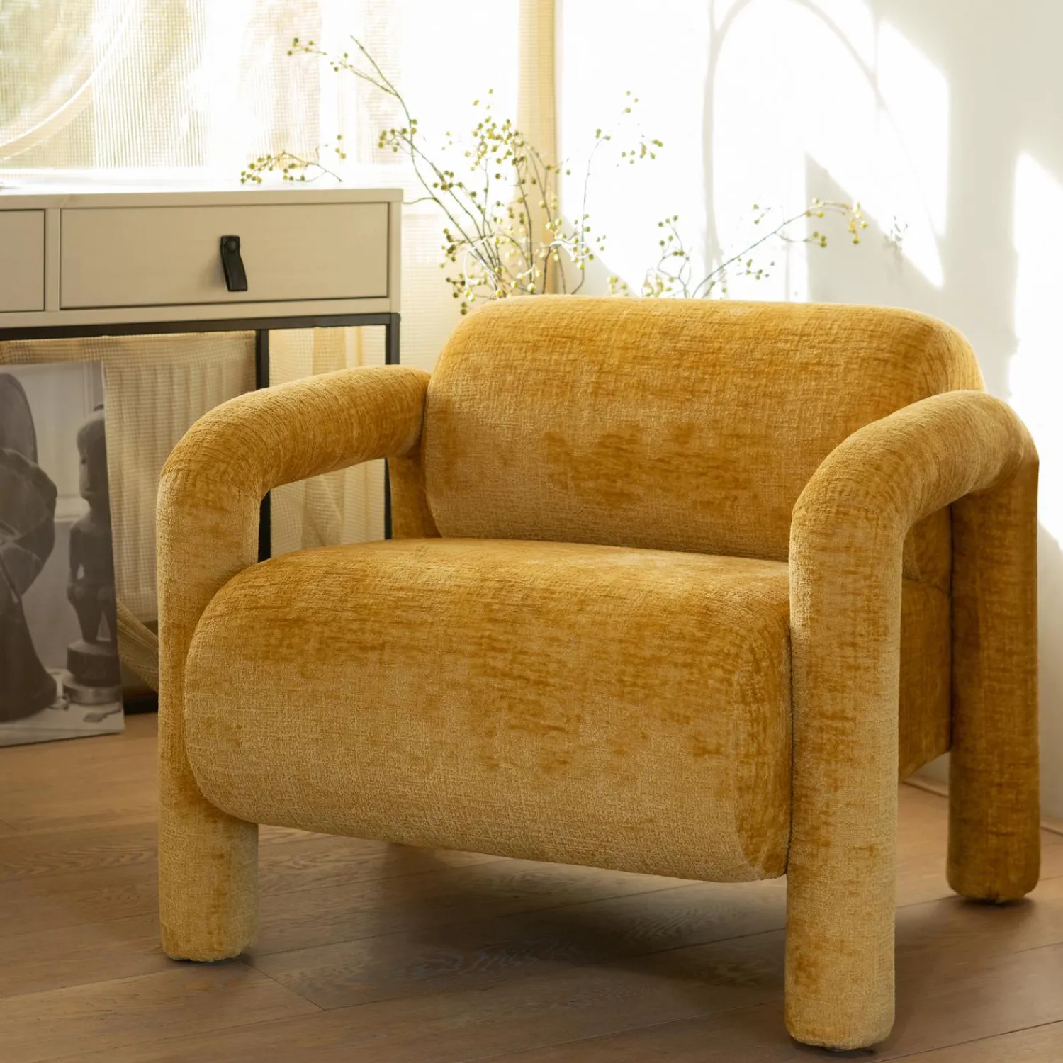 Clearance WOOOD Lenny fauteuil in grove textuur Goud/geel