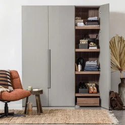 Outlet WOOOD Rens 3-deurs hang/legkast greep lang noten/pebble grey